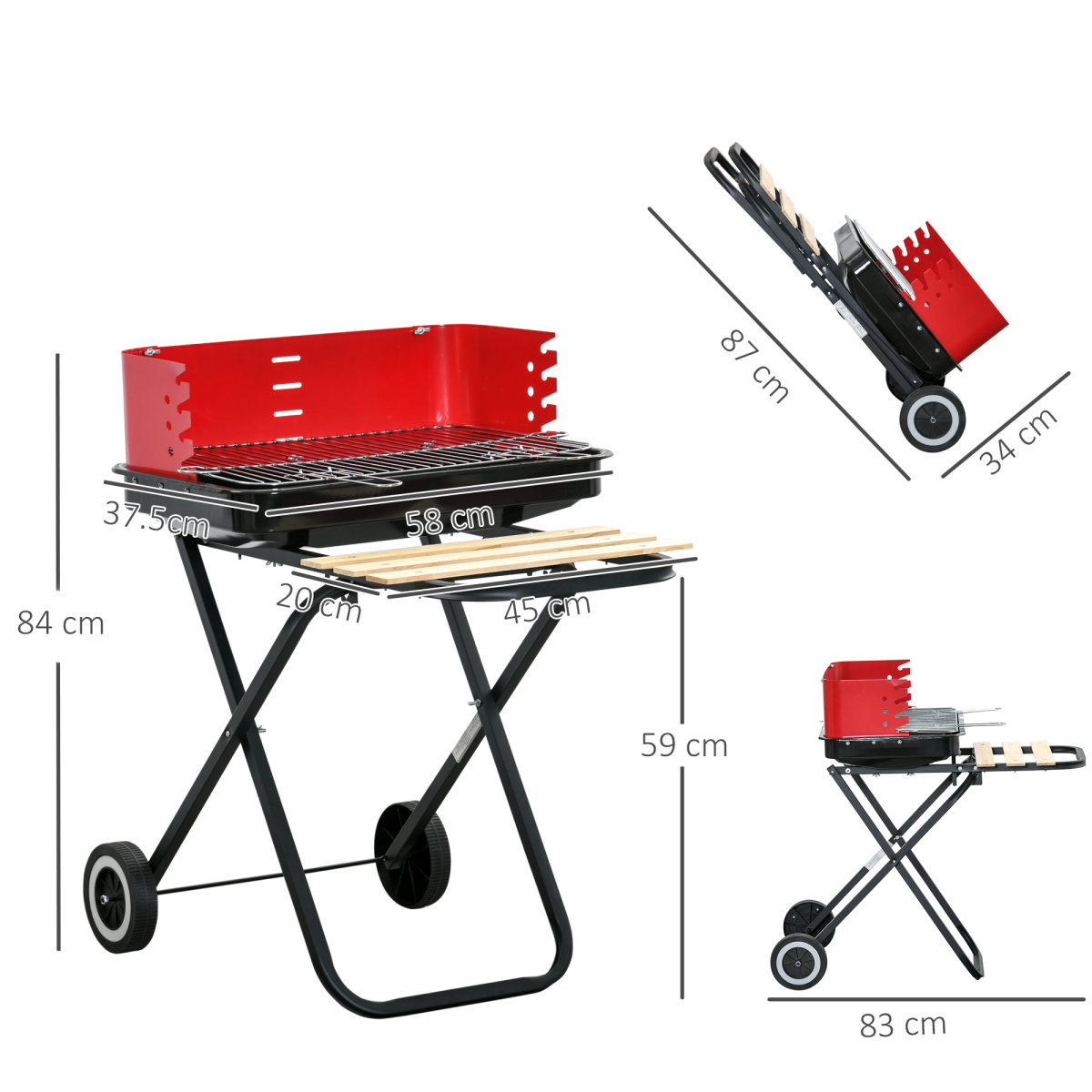 Outsunny Foldable Charcoal BBQ Grill with Wheels & Wooden Side Shelf – Portable Garden Barbecue, Red & Black