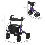 HOMCOM All-Terrain Rollator Walker with Seat, Backrest & Storage Bag – Folding Aluminium Mobility Aid, Purple