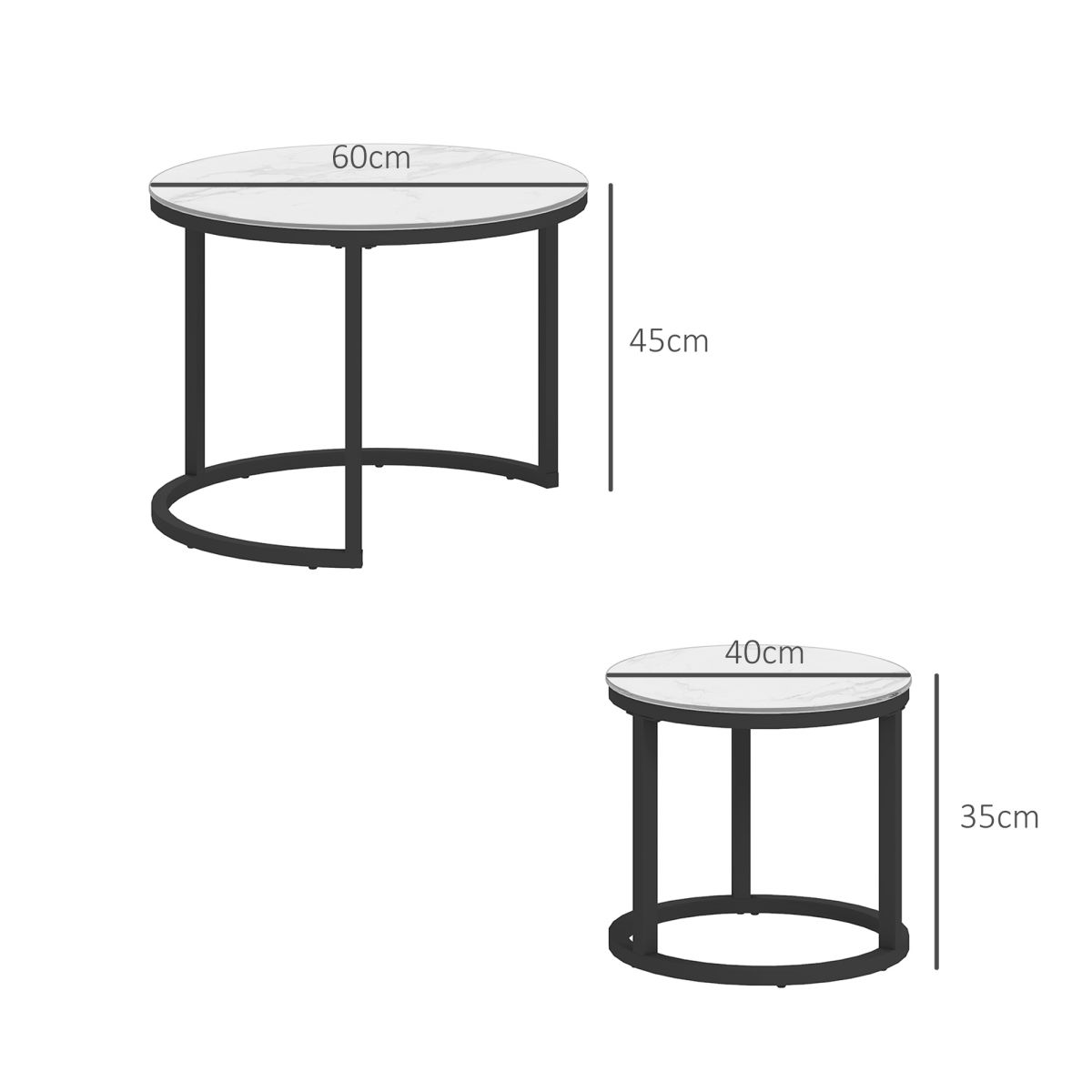 HOMCOM Glass Coffee Table Set of 2 with Marble-Effect Tempered Glass Tops – Round Nest of Tables, White, Black