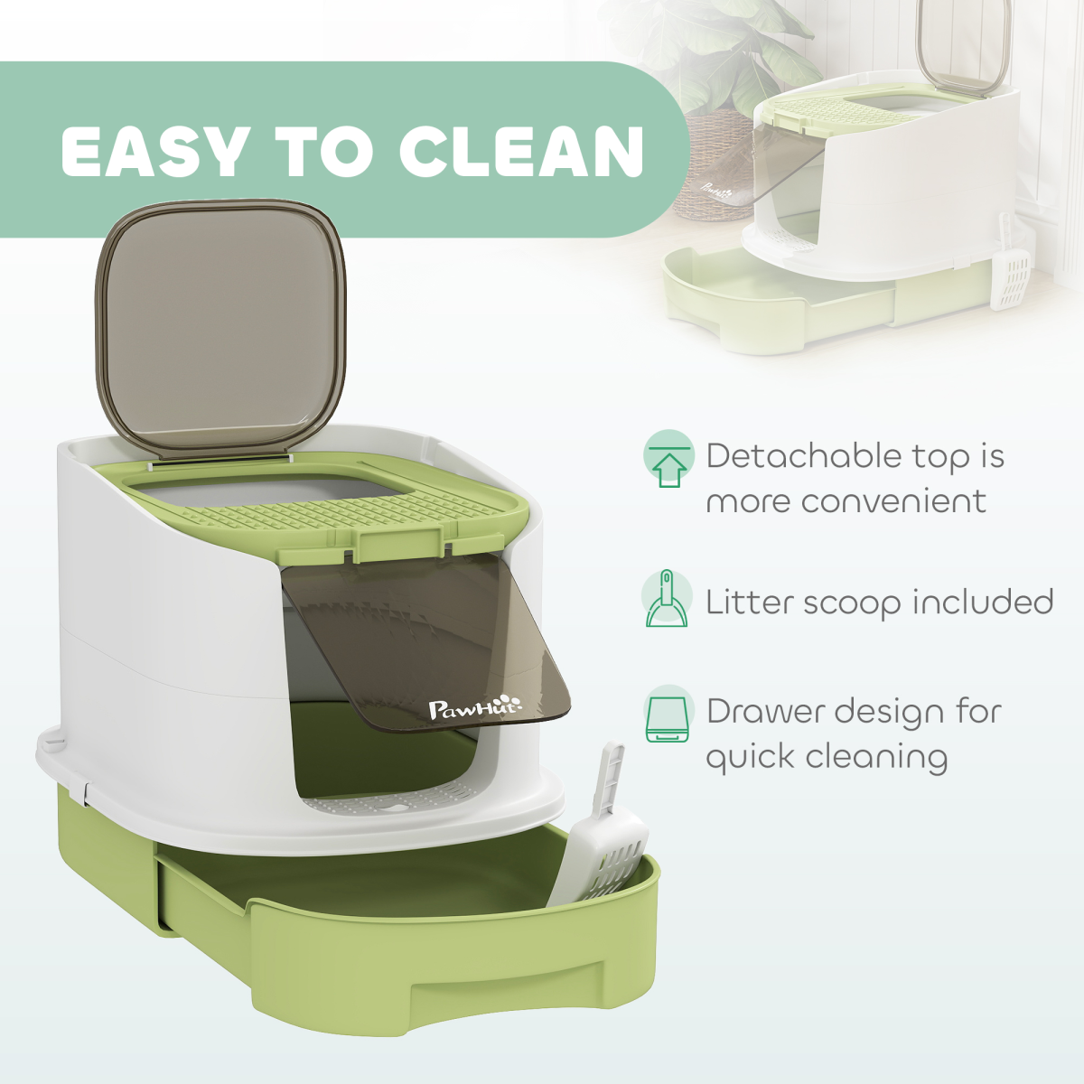 Enclosed Cat Litter Box with Top Exit, Removable Drawers, Scoop & Deodorisation Bags – Green, White and Black