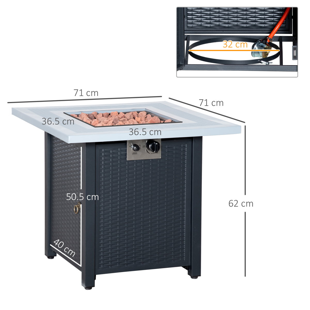 Outsunny Square Rattan Propane Gas Fire Pit Table with Lava Rocks and Lid – 40,000 BTU Patio Heater