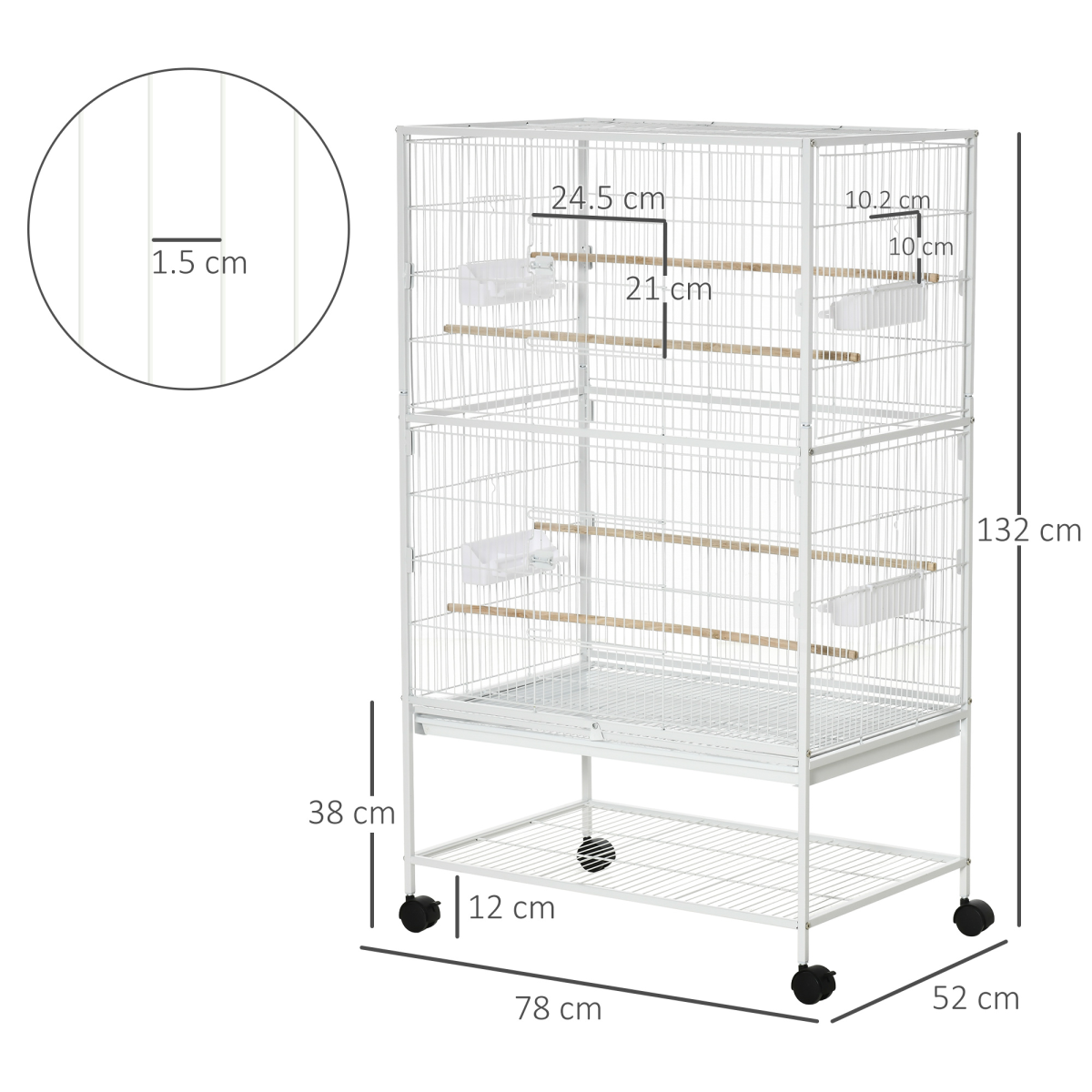 Pawhut Large Bird Cage with Rolling Stand, 4 Perches & Tray – For Budgies, Finches and Canaries, White
