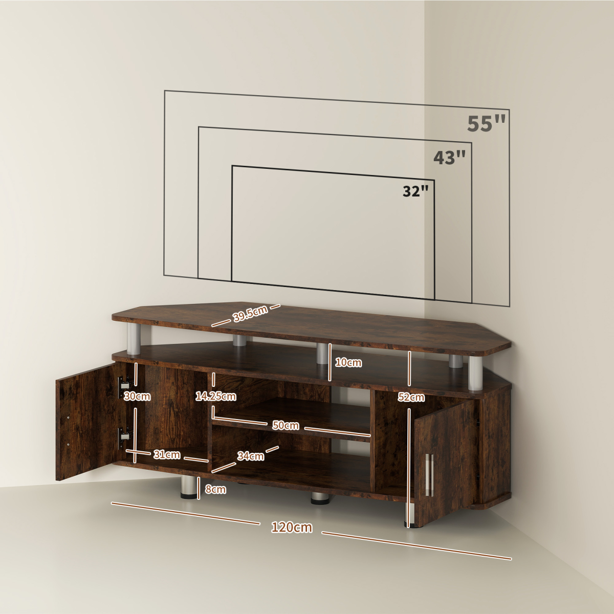 HOMCOM TV Unit Cabinet with 2 Cupboards and Open Shelves – Media Storage for Living Room or Bedroom, Rustic Brown