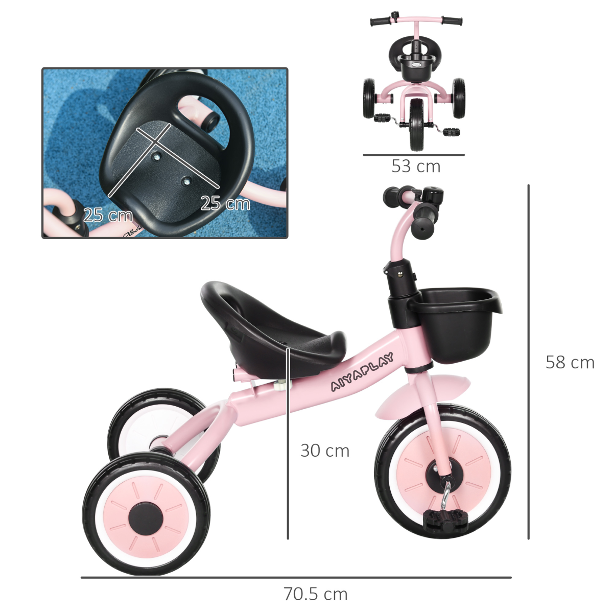AIYAPLAY Kids Tricycle with Adjustable Seat, Basket and Bell – Toddler Trike for Ages 2-5, Pink
