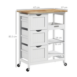 HOMCOM Rolling Kitchen Island & Bar Serving Cart with 3 Drawers & 2 Shelves – Wooden Worktop, White