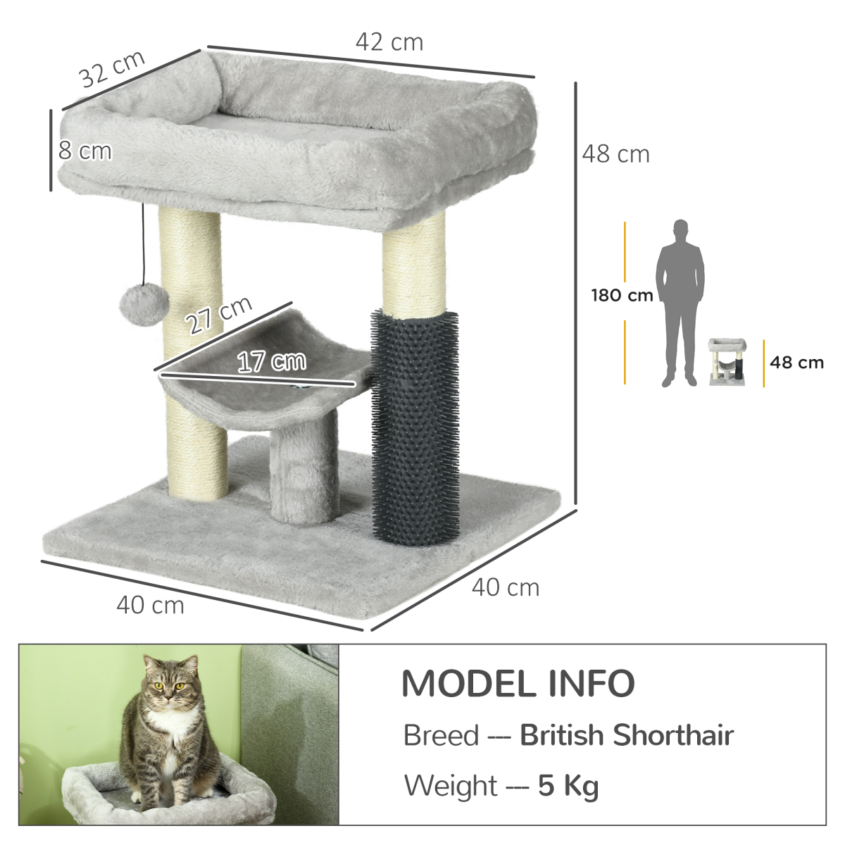 PawHut Small Cat Tree Tower with Sisal Scratching Posts, Bed, Perch, Self-Groomer and Toy – Grey