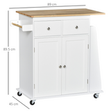 HOMCOM Kitchen Island with Rubberwood Top, 2 Drawers, Cupboard and 3-Tier Spice Rack – Storage on Wheels