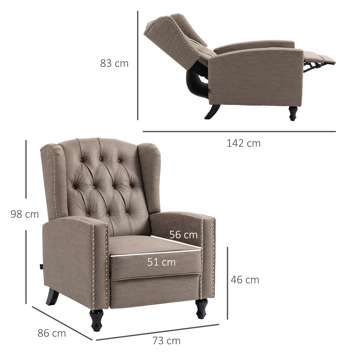 HOMCOM Marble-Effect Manual Reclining Armchair with Footrest & Decorative Studs – Living Room Recliner, Brown