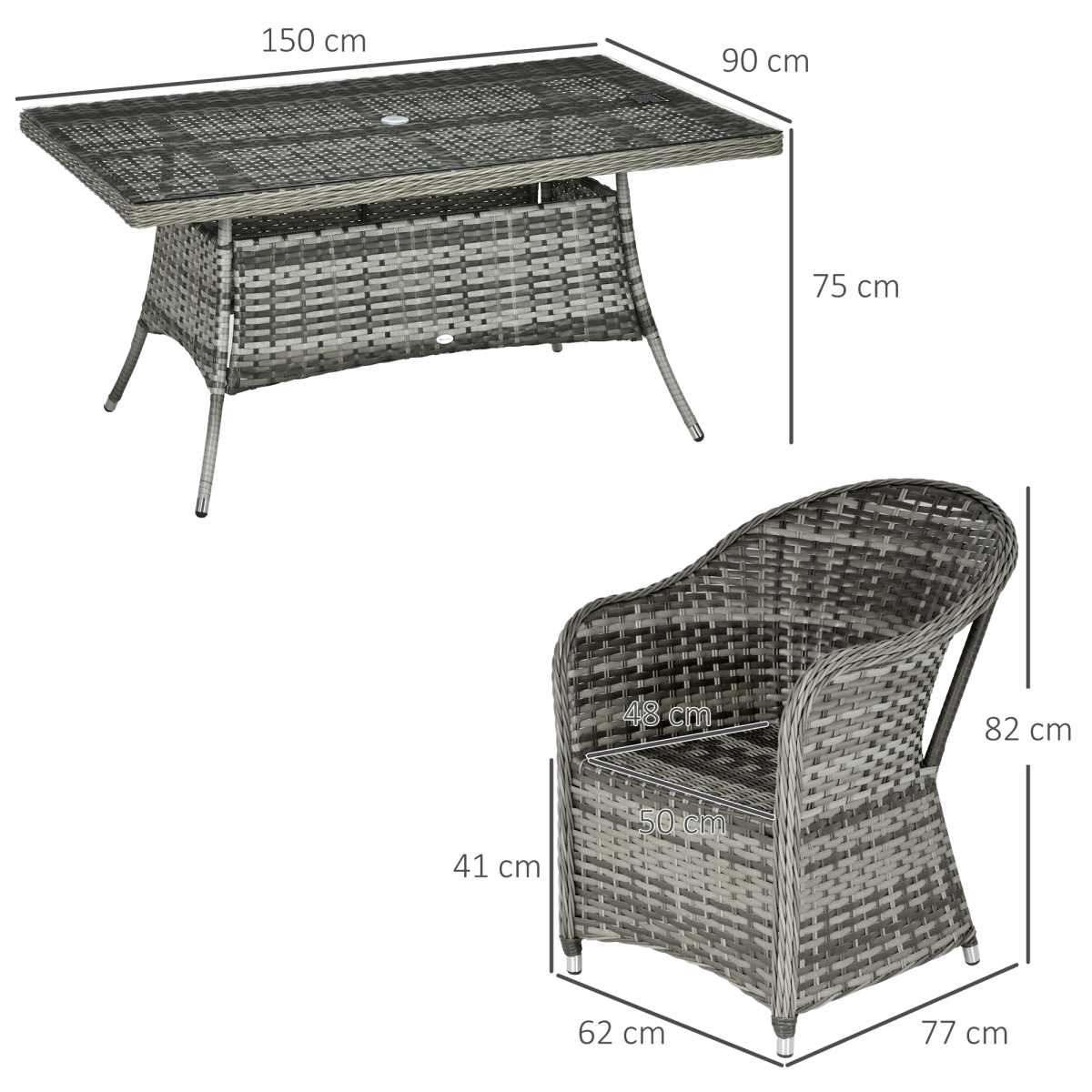 Outsunny 7-Piece Rattan Garden Dining Set with Tempered Glass Table, Umbrella Hole & Cushioned Armchairs
