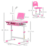 HOMCOM Kids Study Desk and Chair Set with Height Adjustment, Storage Drawer & USB Lamp – Pink