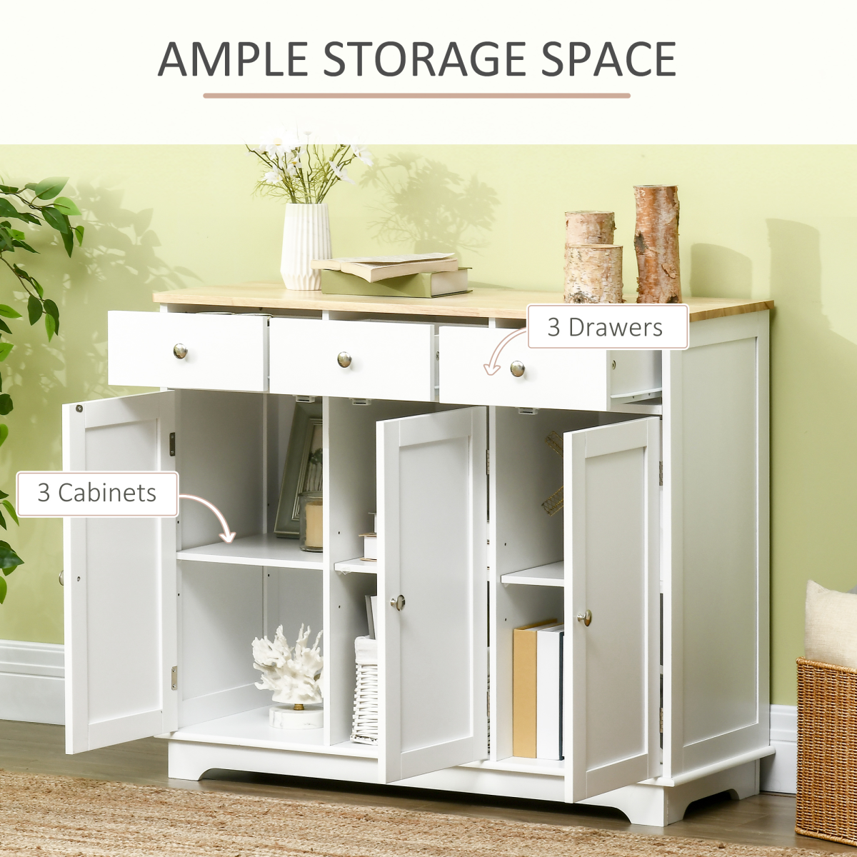 Kitchen Storage Cabinet with 3 Cupboards & 3 Drawers – Large Capacity Dining Room Sideboard