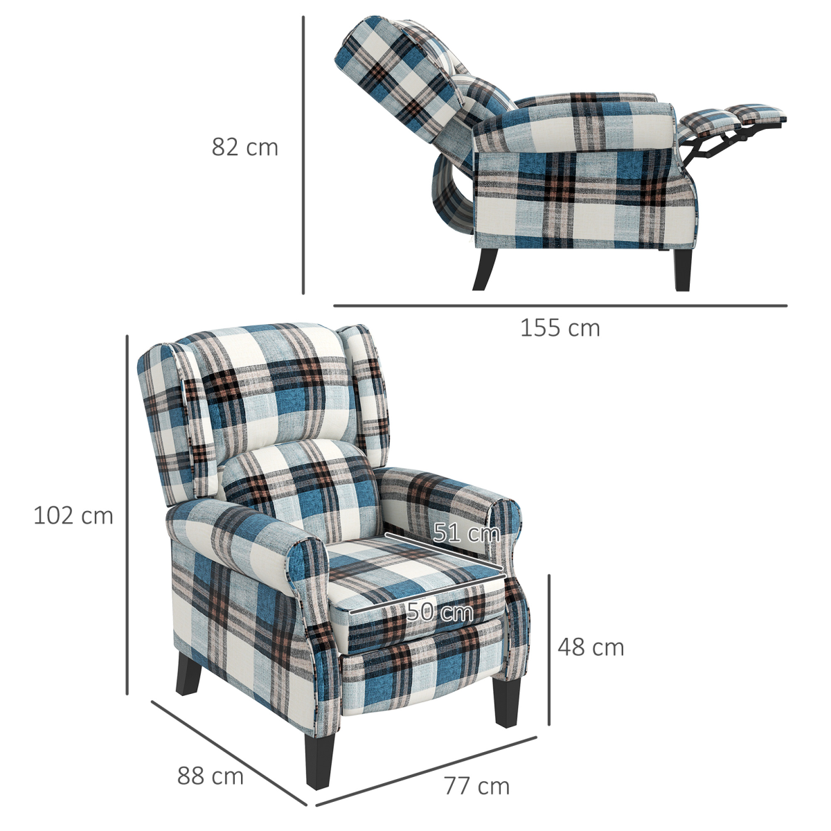 HOMCOM Wingback Recliner Chair with Footrest & Padded Armrests – Living Room Reading Armchair, Blue
