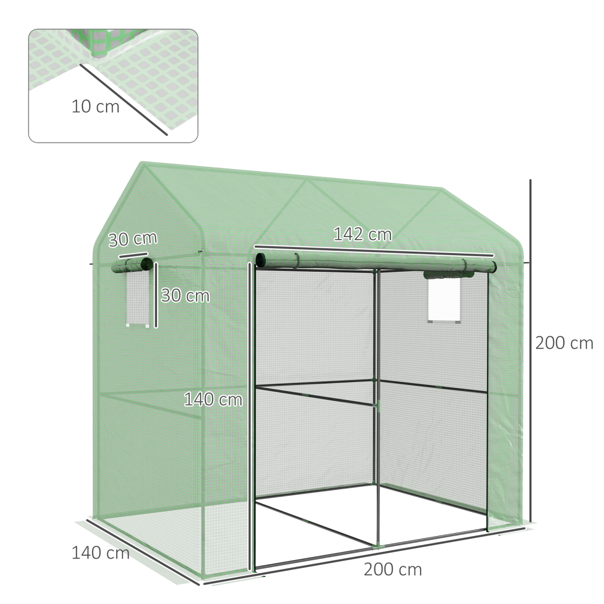 Outsunny 200x140x200cm Walk-In Greenhouse with Roll-Up Door & Mesh Windows – Two-Room Steel Frame Polytunnel, Green