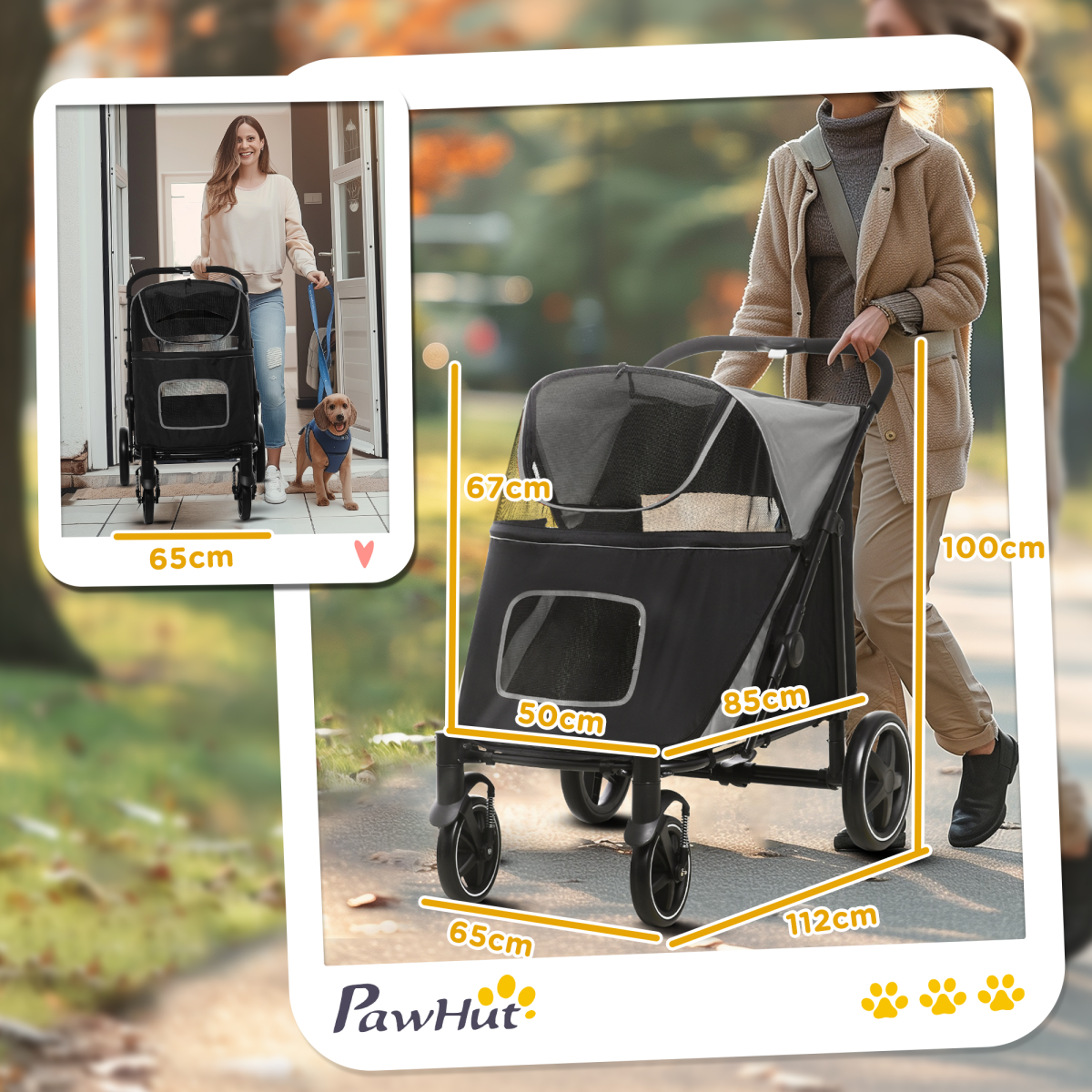 PawHut Foldable Dog Pram with Universal Wheels & Shock Absorber – Steel Frame for Medium and Large Dogs, Black