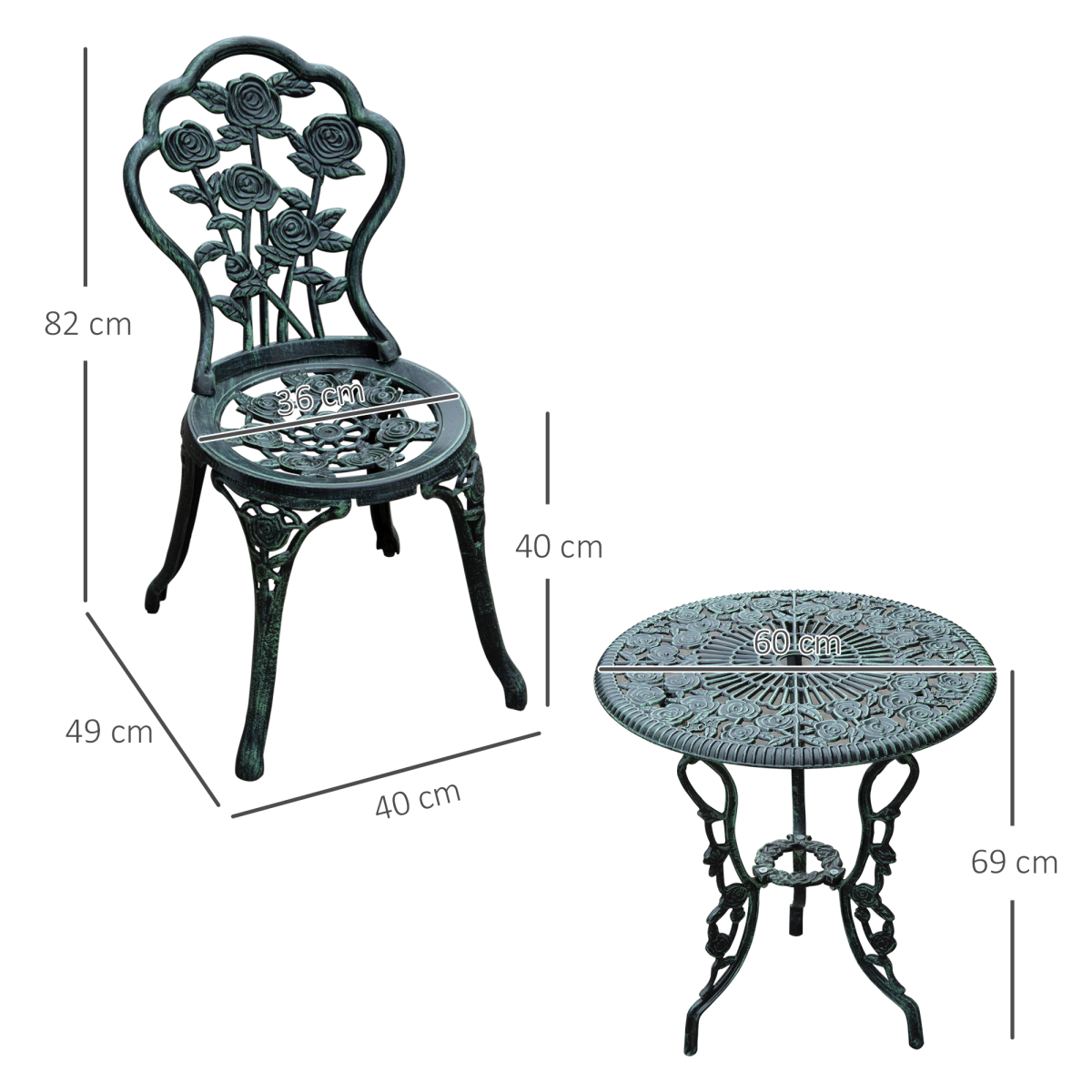 Outsunny 3-Piece Cast Aluminium Bistro Set with Parasol Hole – Antique-Style Garden Table & 2 Chairs, Green