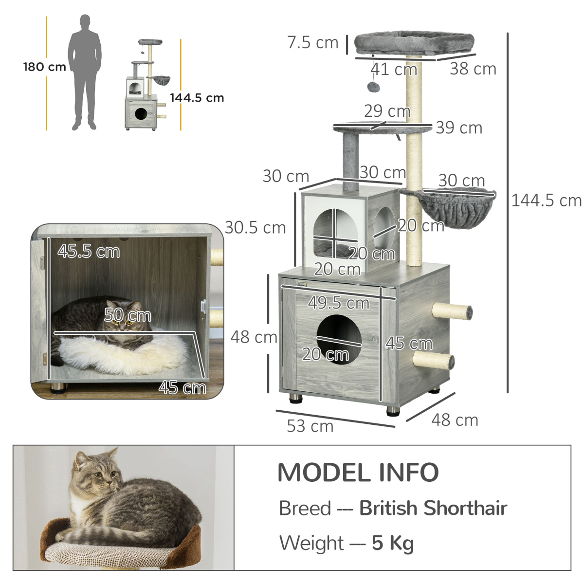 PawHut Cat Litter Box Enclosure with Cat House, Bed, Scratching Posts and Platform – 2-in-1 Cat Tree, Grey