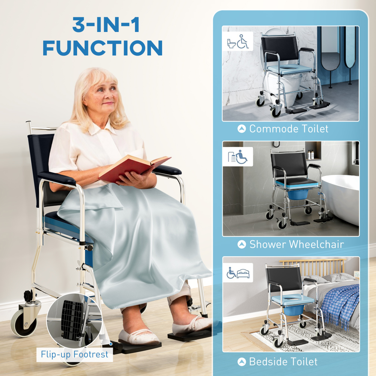 HOMCOM 3-in-1 Commode Shower Chair & Wheelchair with Footrest – Padded Bathroom Mobility Aid, Black