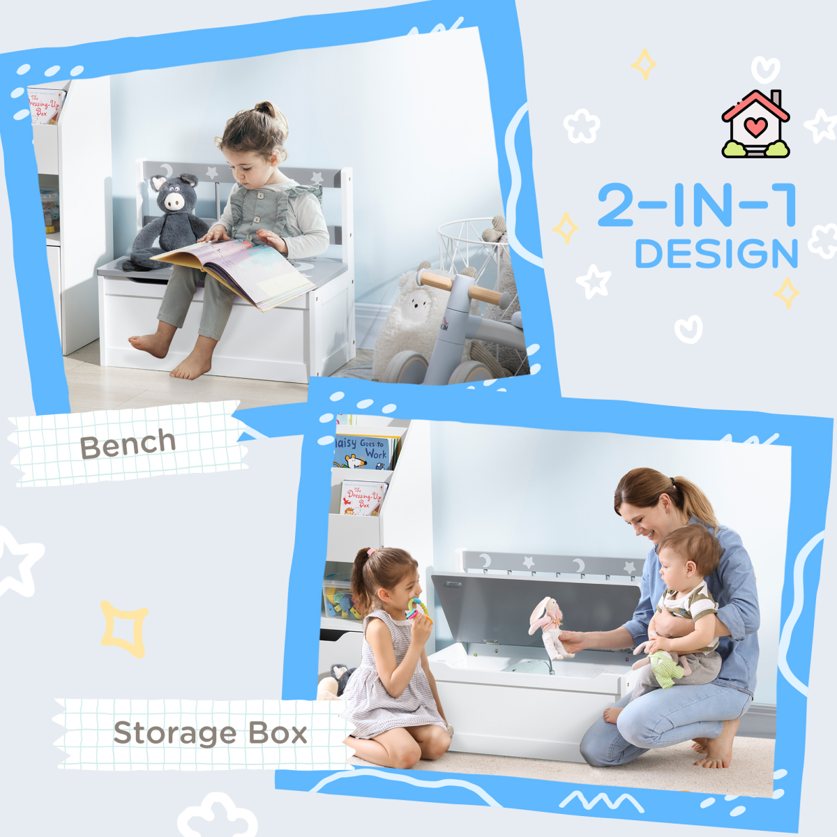 Kids Storage Bench with 27.3L Compartment & Lid Safety Bar – Pinewood Seat with Moon and Stars Pattern