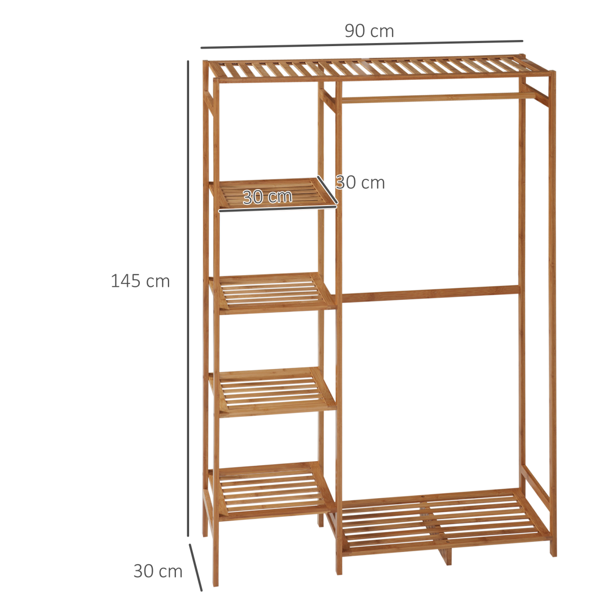 HOMCOM Bamboo Clothes Rail with 6-Tier Shelf & Hanging Rod – 145cm Open Wardrobe Garment Rack
