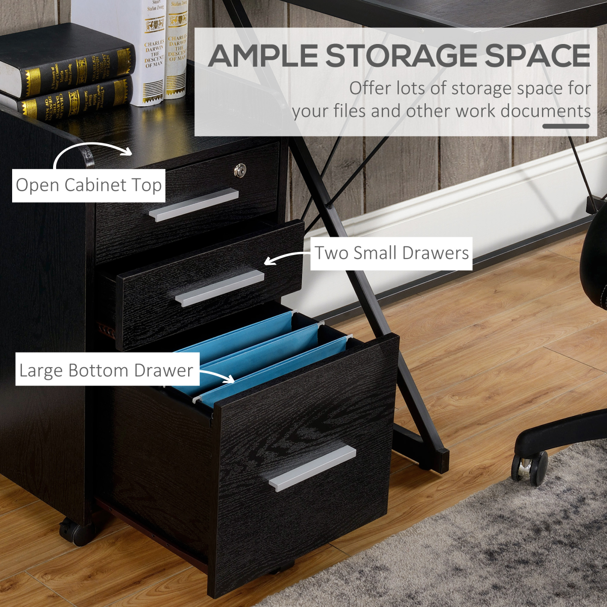 HOMCOM Mobile Office Storage Cart with 3 Drawers, Lockable Top Drawer & 5 Wheels – Wood-Effect, Black
