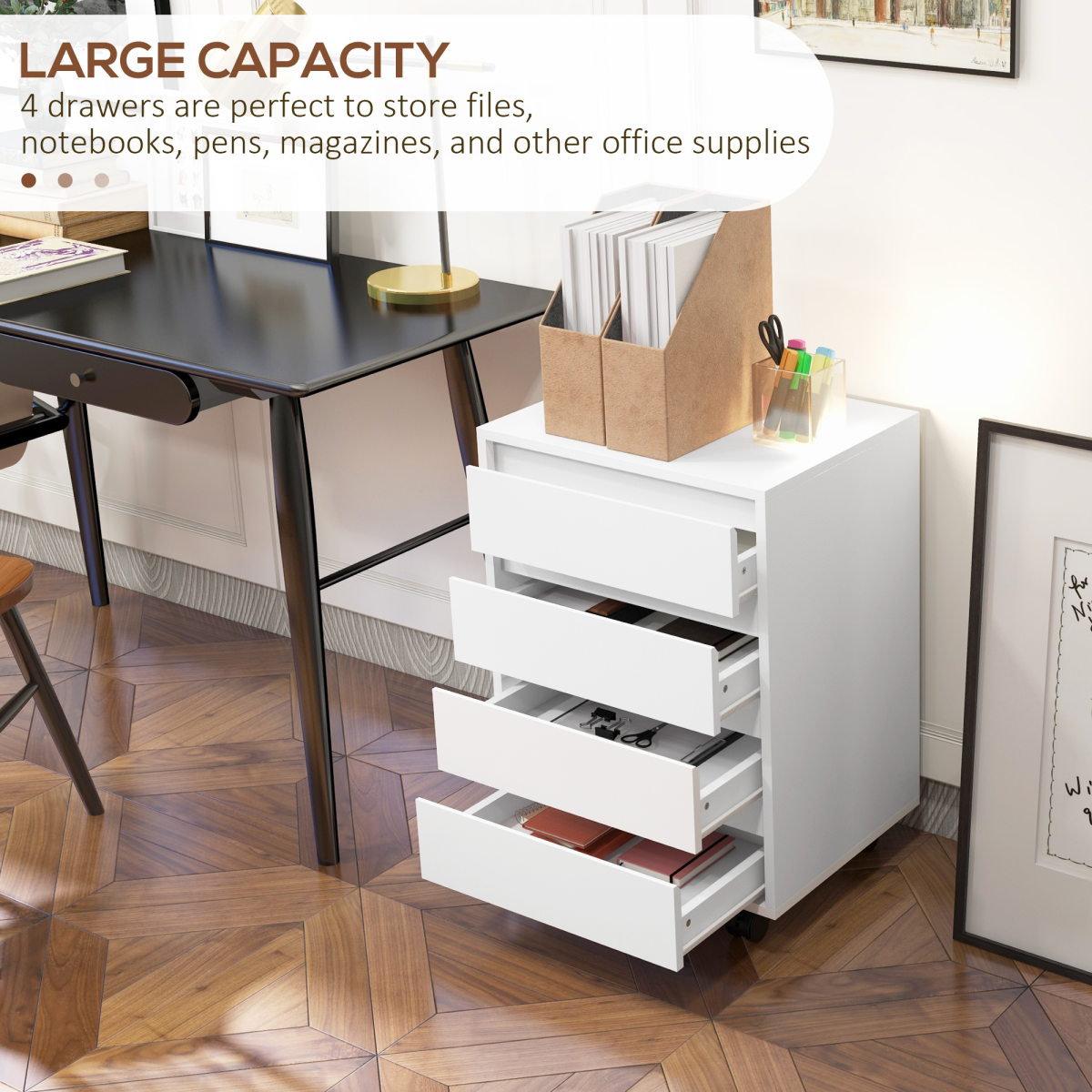 HOMCOM White Mobile Filing Cabinet with 4 Drawers & Lockable Wheels – MDF Storage Unit with Anti-Tip Straps