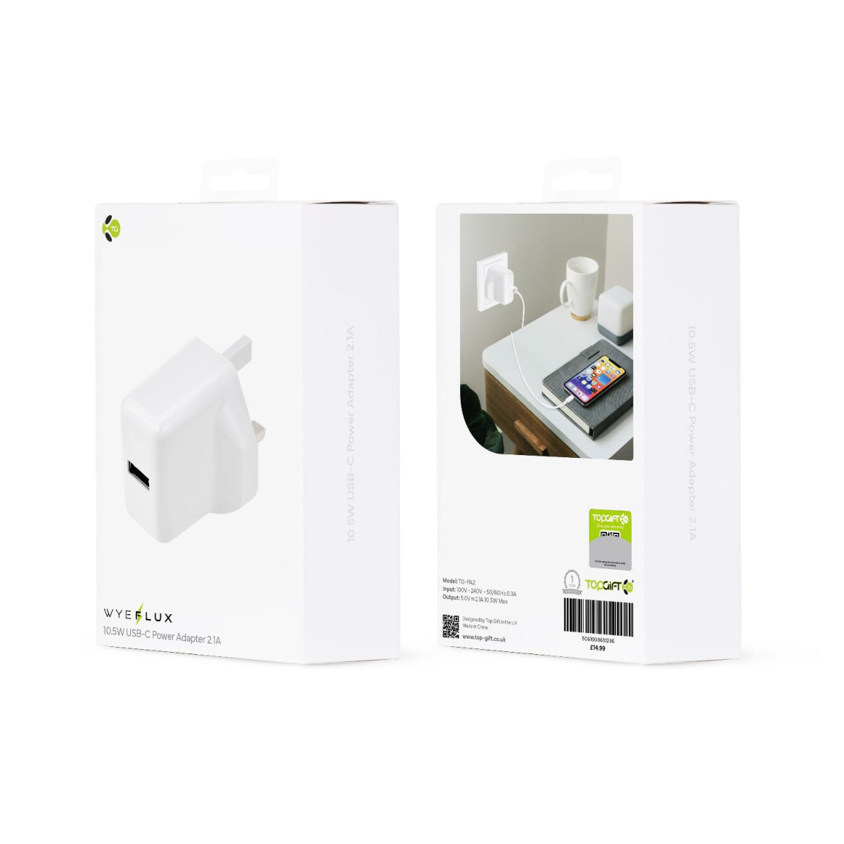 WYEFLUX 10.5W USB-A Power Adapter with 2.1A Output – Wide Voltage Mains Charger, White