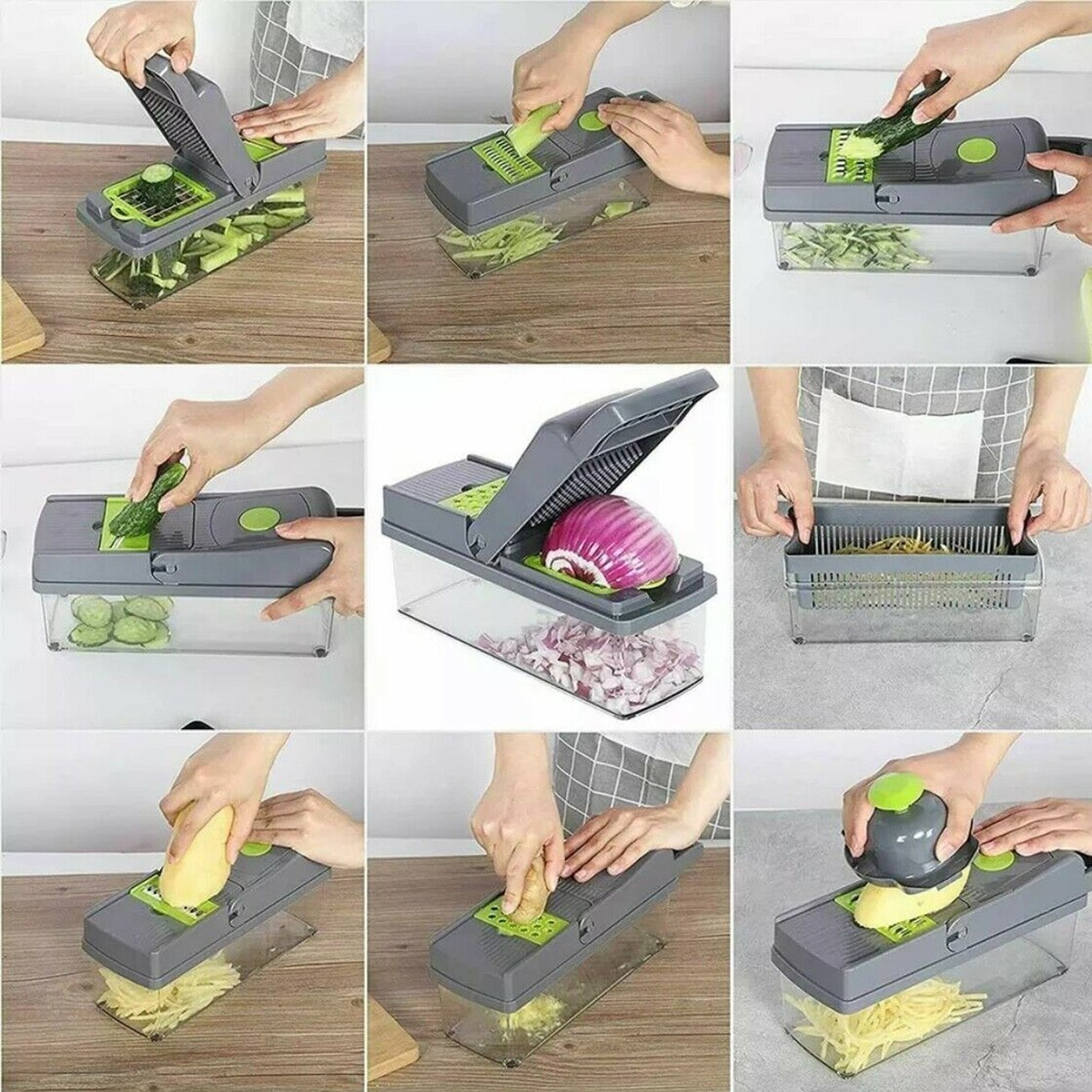 15-in-1 Vegetable Fruit Chopper with 1.5L Container & Drain Basket – Onion Dicer, Kitchen Slicer, Green & Grey
