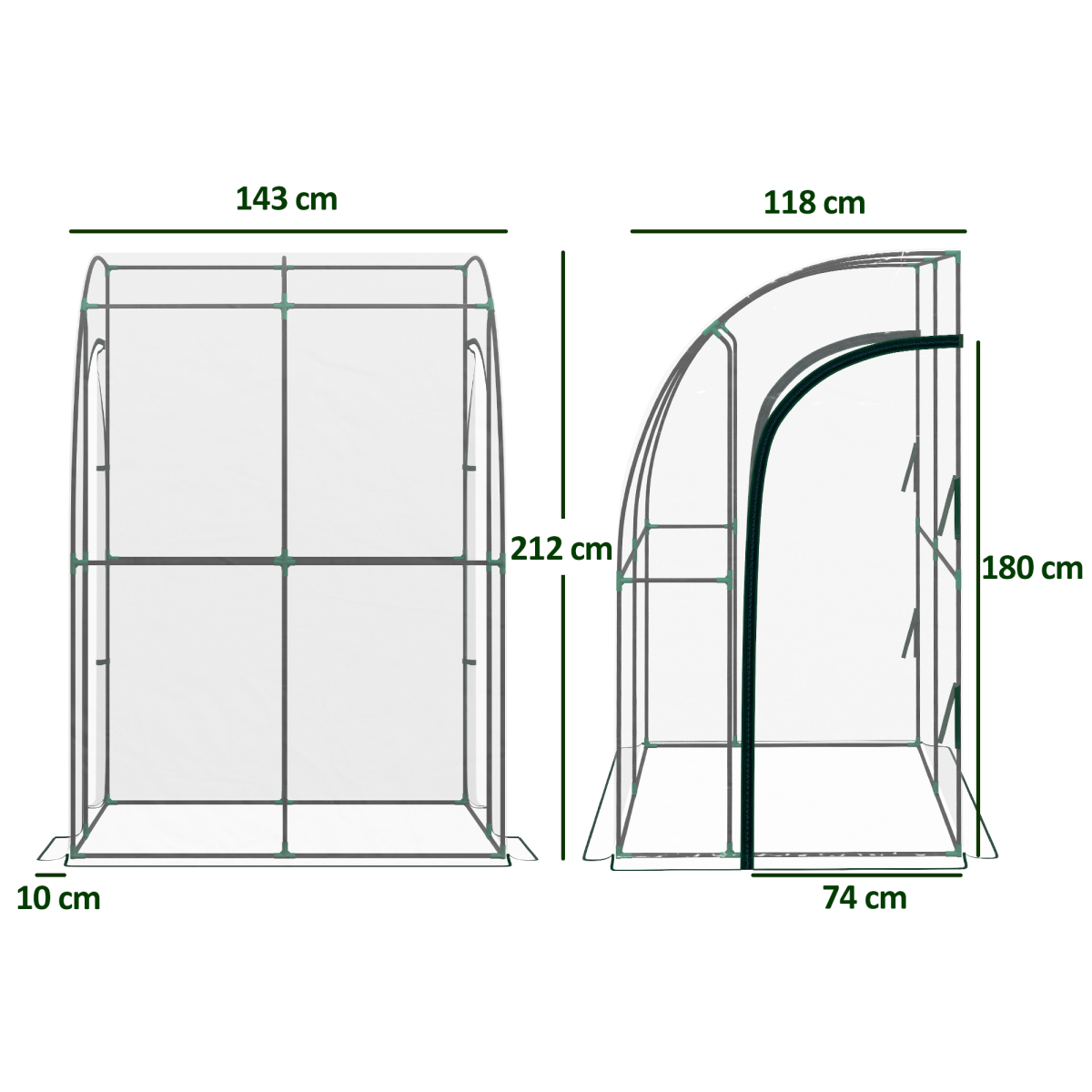 Outsunny Walk-in Lean-to Wall Greenhouse, 143 x 118 x 212cm, with Zipped Doors – Plastic Cover, Steel Frame