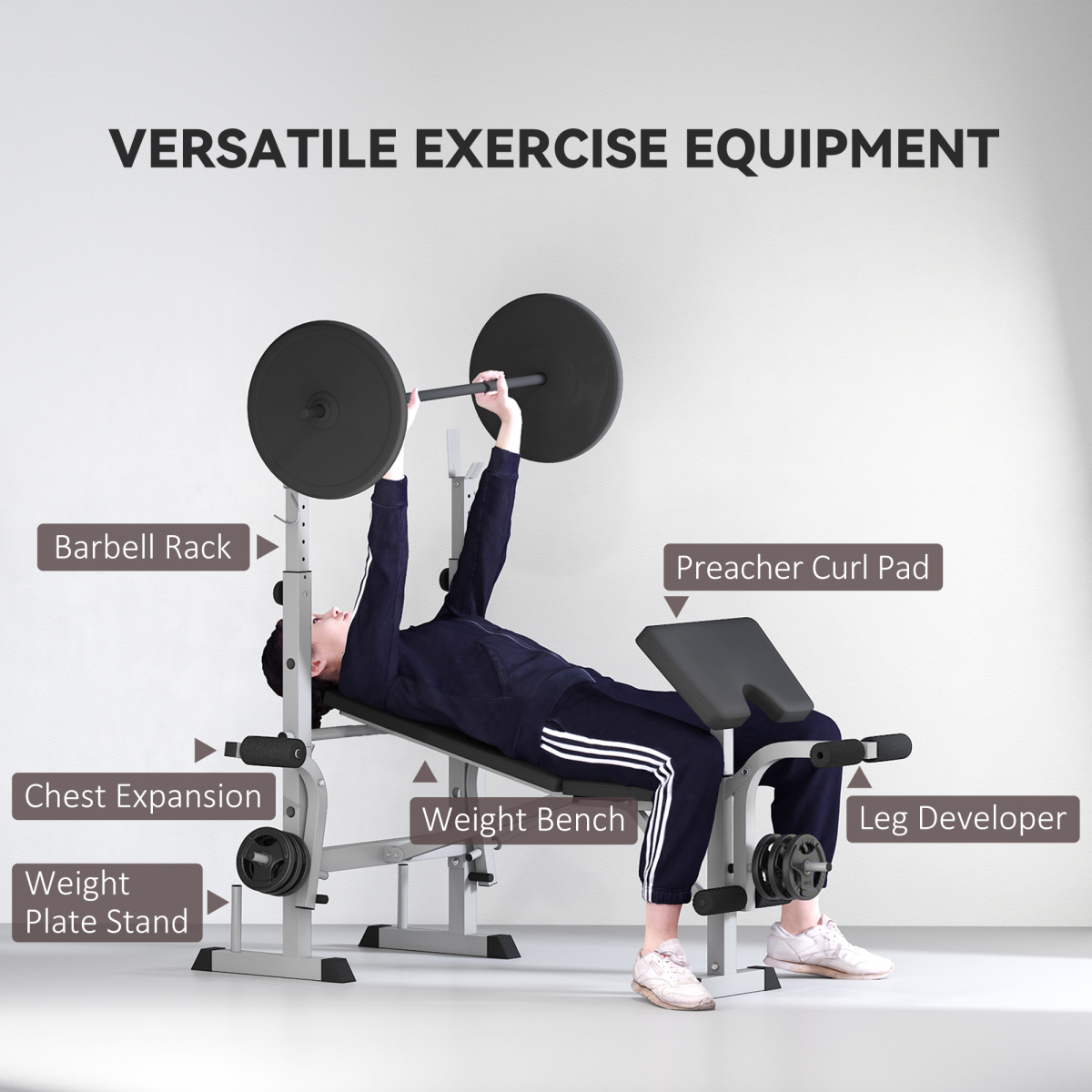 HOMCOM Adjustable Weight Bench with Squat Rack, Leg Developer & Plate Storage – Home Gym Workout Bench, Grey