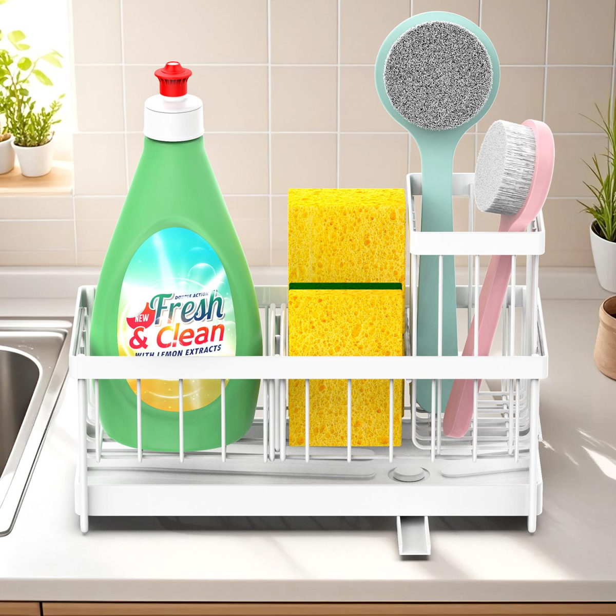 VINSANI Sink Sponge Holder with Removable Dividers and Drainage – Kitchen Organiser, White