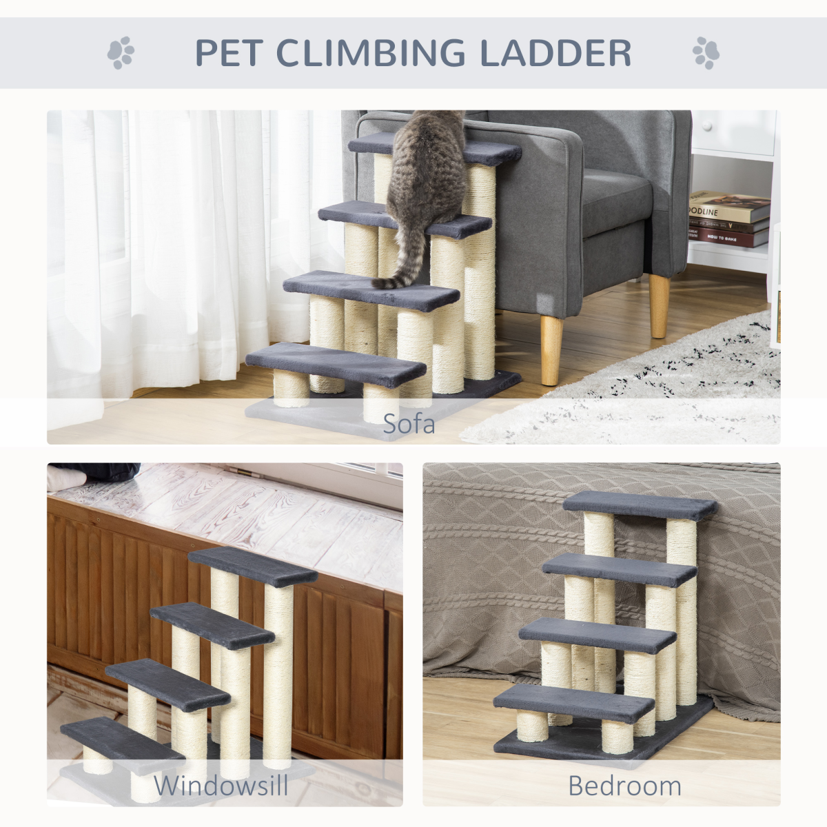 Plush Cat Tree with Sisal Scratching Posts and Multi-Level Platforms, Grey – Cat and Small Pet Climbing Steps