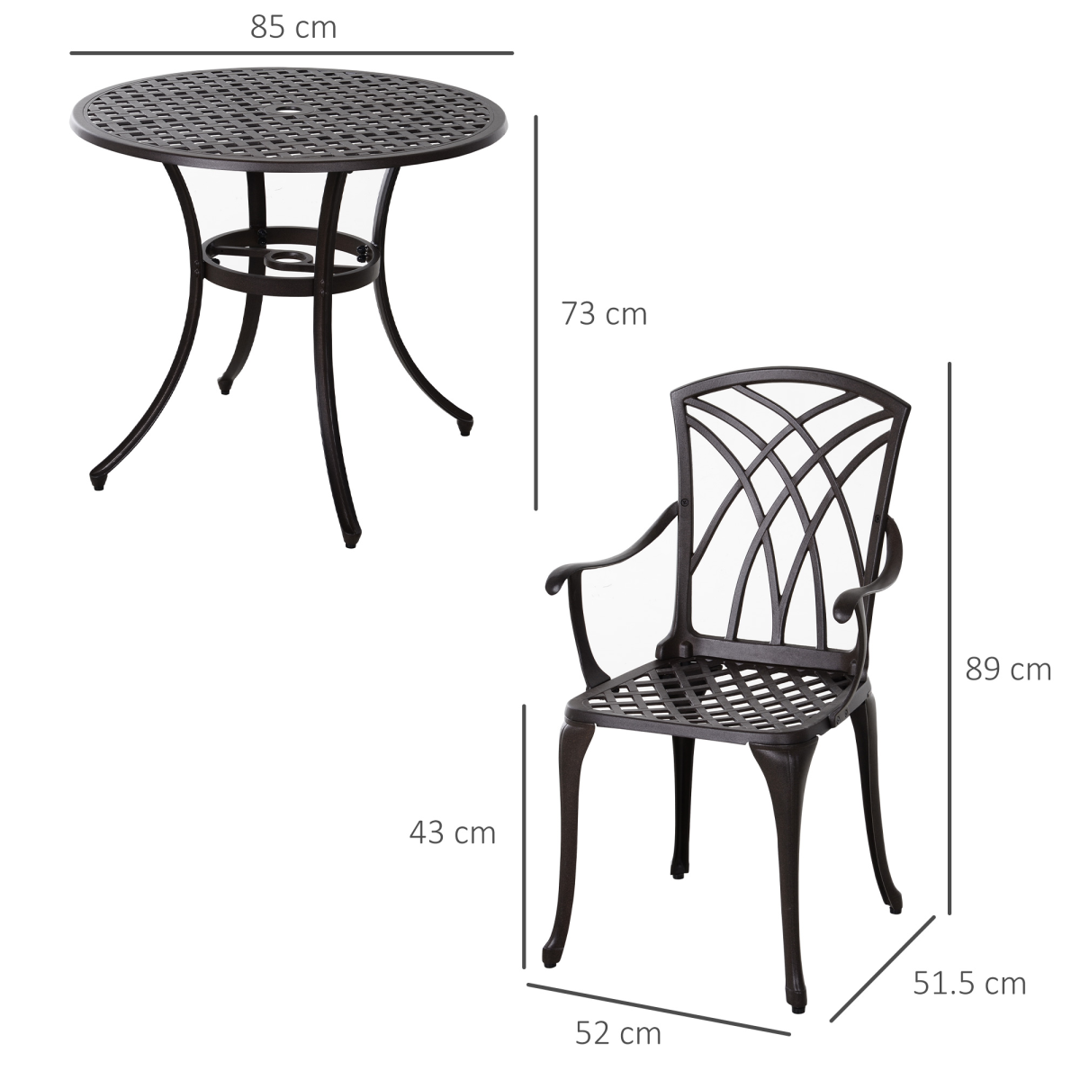 Outsunny Cast Aluminium 4-Seater Garden Bistro Set with Parasol Hole Table – Five-Piece Outdoor Dining, Brown