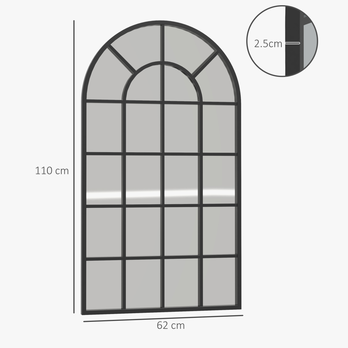 HOMCOM Modern Arched Window Wall Mirror, 110 x 62cm – Large Window-Pane Mirror, Black