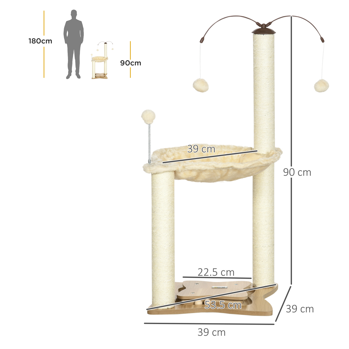 PawHut Cat Tree for Indoor Cats with Sisal Scratching Posts, Hammock & Toy Ball – Beige, 90cm
