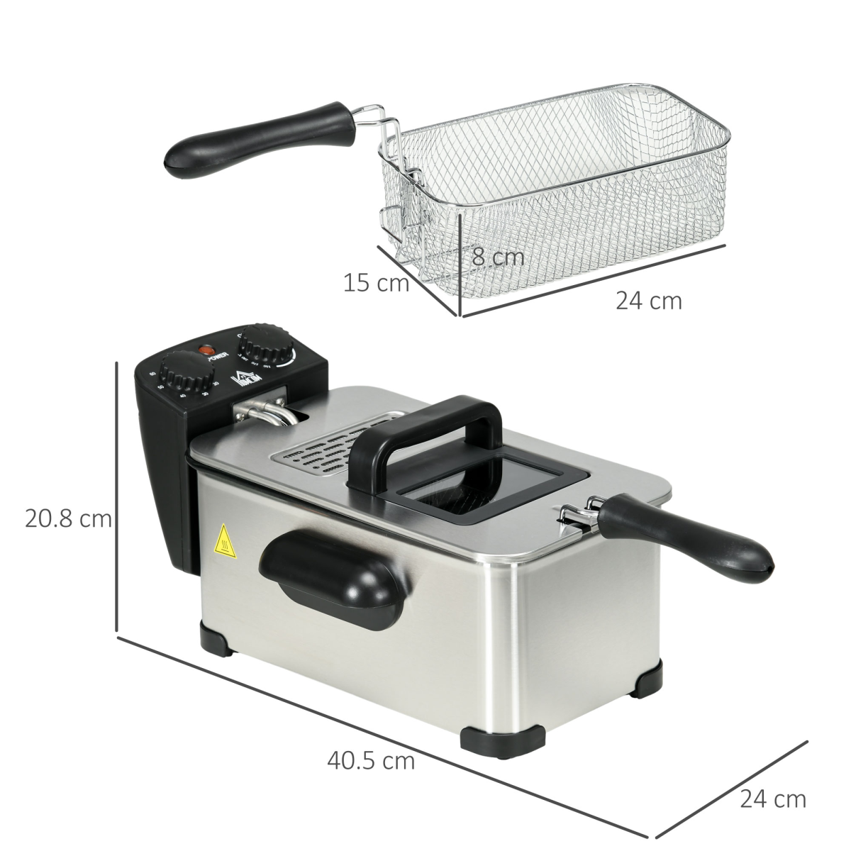 HOMCOM 3L Deep Fat Fryer with Adjustable Temperature & 60-Min Timer, Viewing Window – 2000W