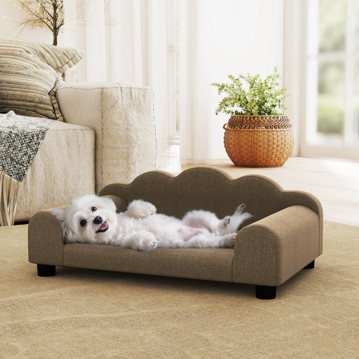 Dog Bed Pet Sofa with Backrest & Armrests, Soft Terry-Style Fabric – Cosy Raised Bed for Small Dogs up to 4kg, Brown
