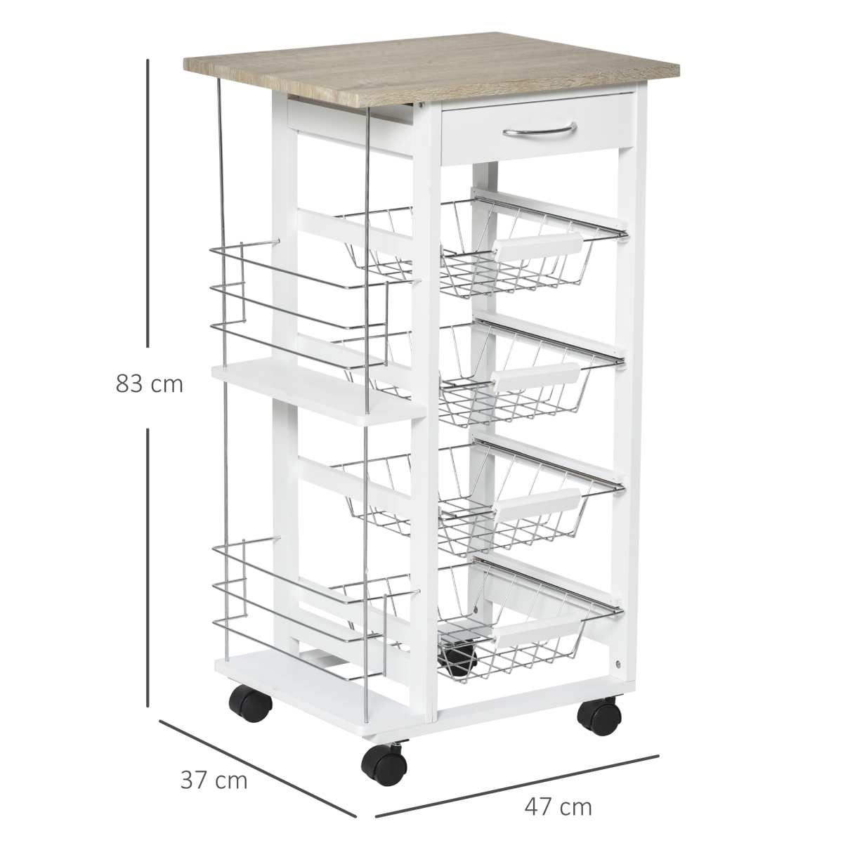 HOMCOM Multi-Use Kitchen Island Trolley with 4 Baskets, Side Racks & Drawer – Wheeled Storage Cart, White