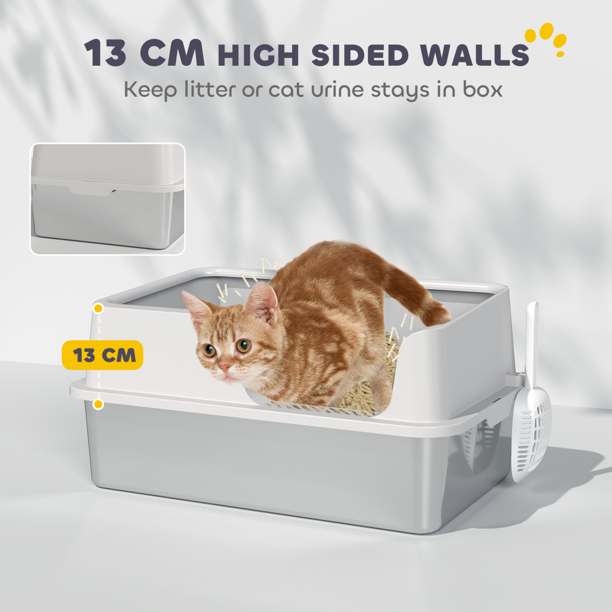 PawHut Stainless Steel Cat Litter Box with High Sides, Sand Drop Area & Scoop – Extra Large, Grey