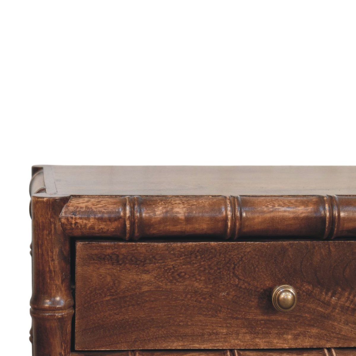 Artisan Furniture Solid Mango Wood Bamboo Frame Nightstand, 2 Drawers & Brass Knobs – Roasted Almond