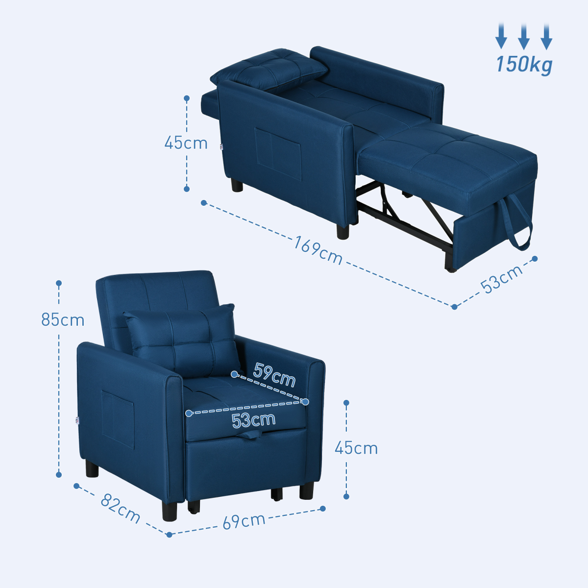 HOMCOM Pull Out Chair Bed with 3-Level Adjustable Back, Pillow & Side Pockets – Sleeper Chair, Blue