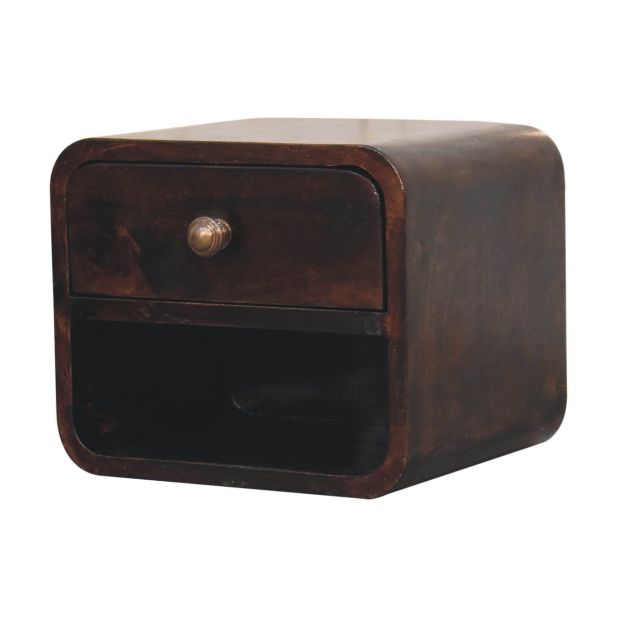 Artisan Furniture Mini Curved Wall Mounted Bedside Table, 1 Drawer – Solid Mango Wood, Dark Brown