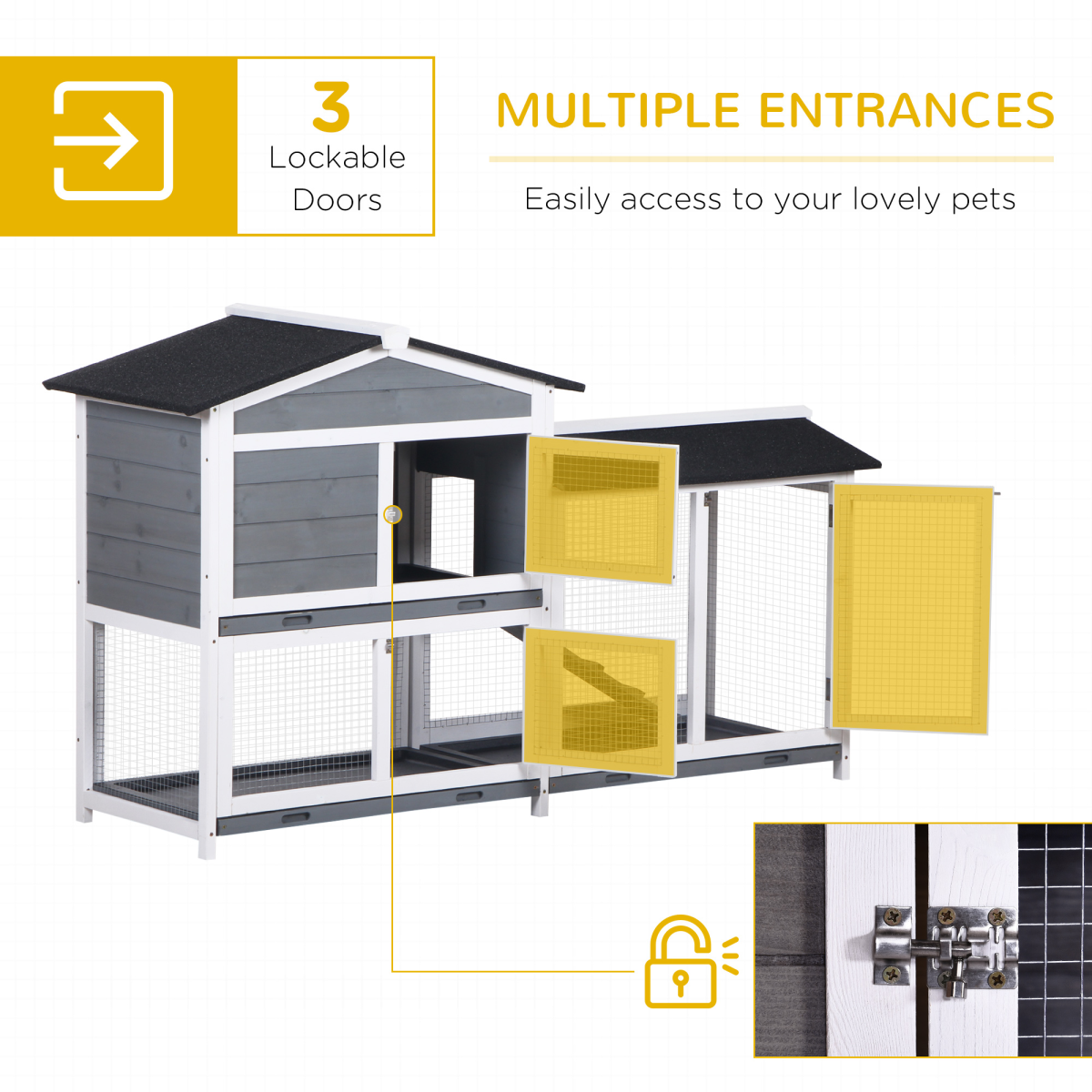 Wooden Rabbit Hutch and Run with Elevated House, Ramp, Asphalt Roof and Slide-Out Trays – 157 x 53 x 93cm