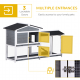 Wooden Rabbit Hutch and Run with Elevated House, Ramp, Asphalt Roof and Slide-Out Trays – 157 x 53 x 93cm