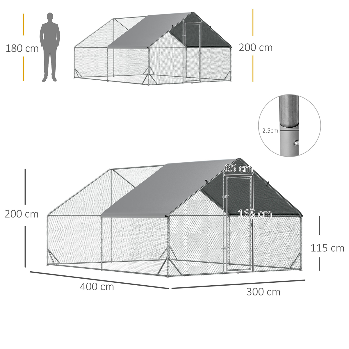 PawHut Walk-In Chicken Run with Galvanised Frame & Cover, 3 x 4 x 2m – Large Chicken Coop for 8–12 Chickens