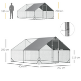 PawHut Walk-In Chicken Run with Galvanised Frame & Cover, 3 x 4 x 2m – Large Chicken Coop for 8–12 Chickens