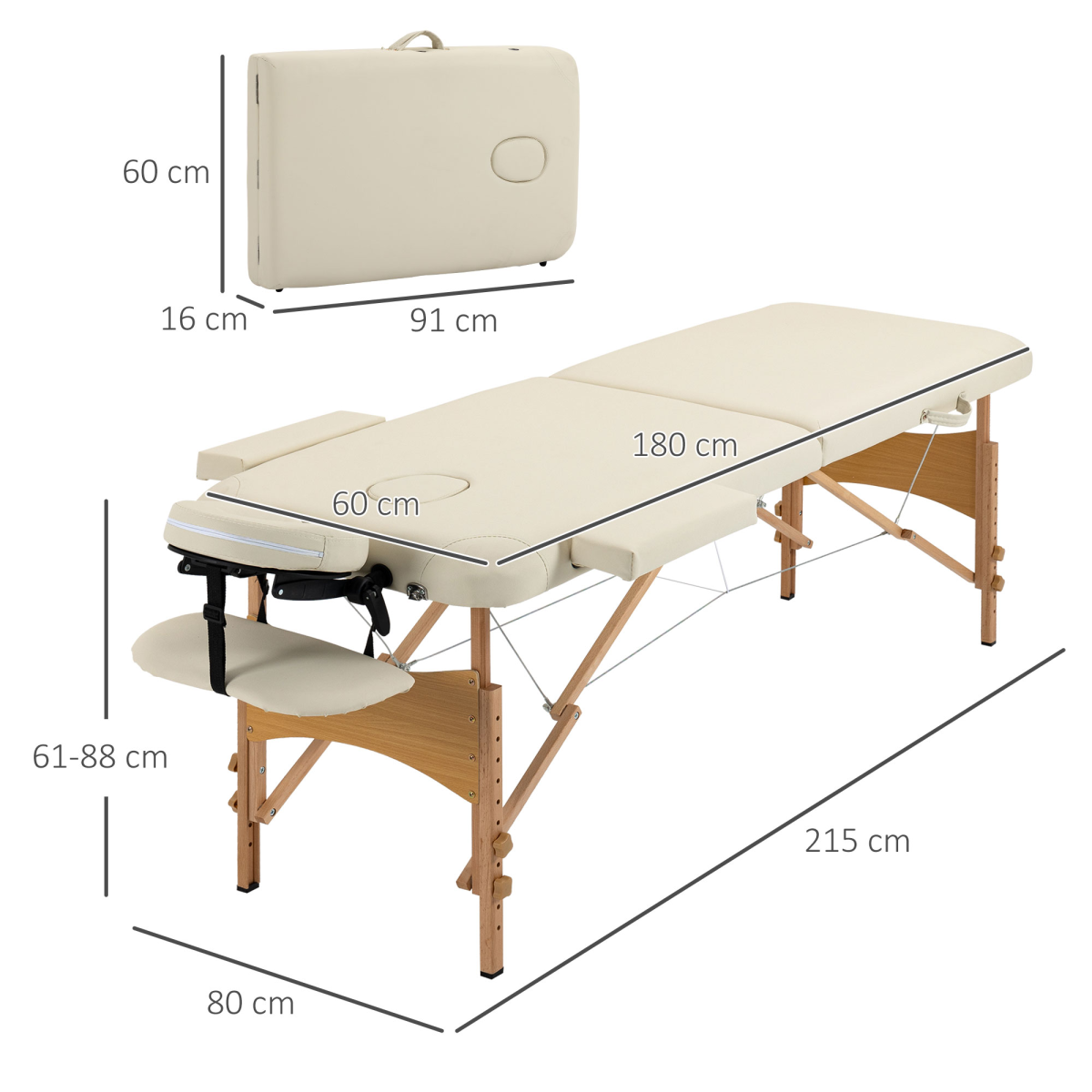 HOMCOM Portable Folding Massage Table with 2 Sections, Wooden Frame & Carry Bag – Spa Beauty Bed, Cream