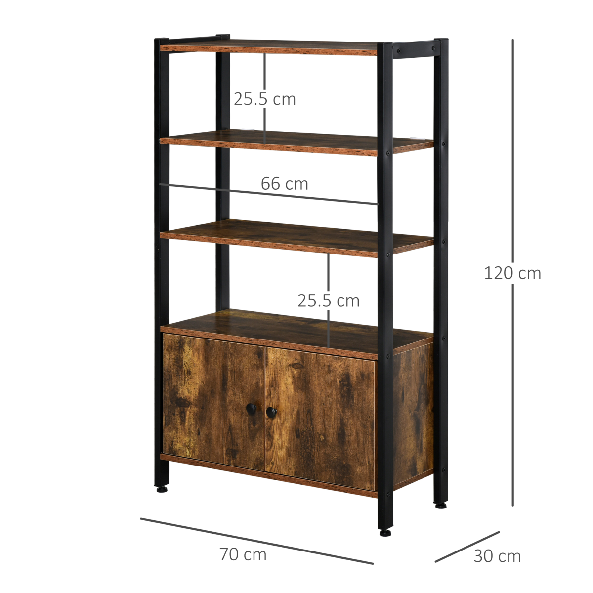 Industrial Bookcase Storage Cabinet with Open Shelves & Cupboard – Brown and Black Two-Tone