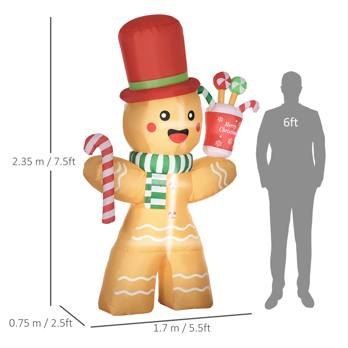 HOMCOM 7.5ft Christmas Inflatable Gingerbread Man with Candy Cane and LED Lights – Outdoor Garden Decor