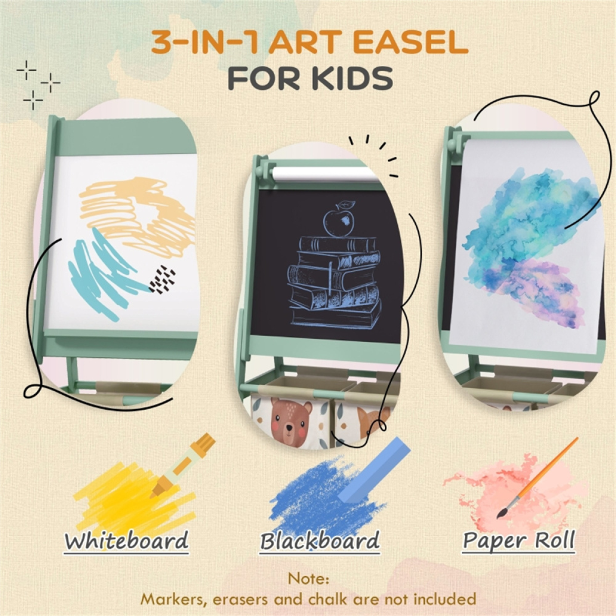 3-in-1 Kids Art Easel with Blackboard, Whiteboard, Paper Roll & Storage Baskets – Ages 3–8, Green