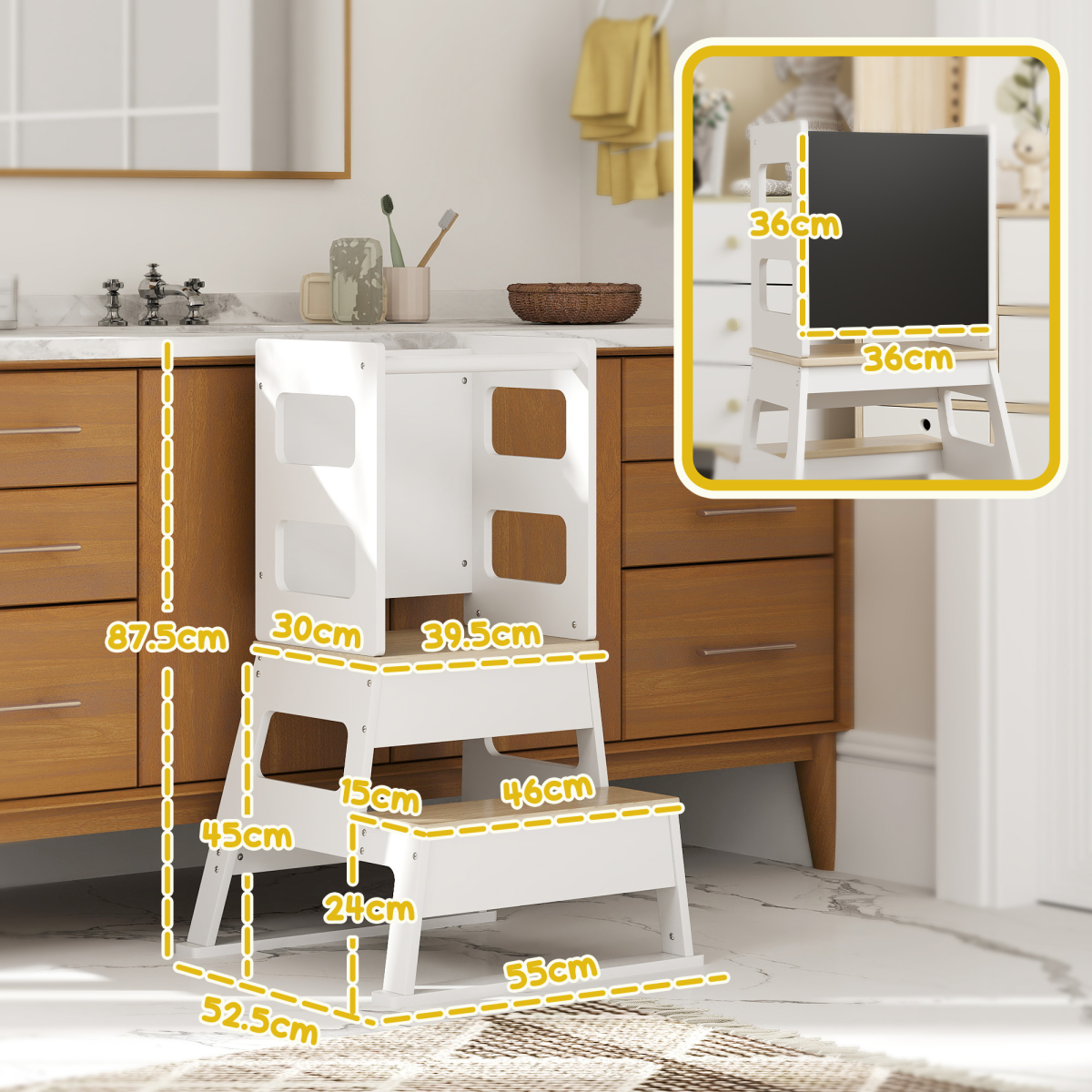 AIYAPLAY 2 in 1 Toddler Tower with Chalkboard & Safety Rail – Kitchen Helper Step Stool, White and Natural Wood